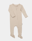 A sand bamboo footed sleeper for babies with a two-way zipper and fold-over mittens.