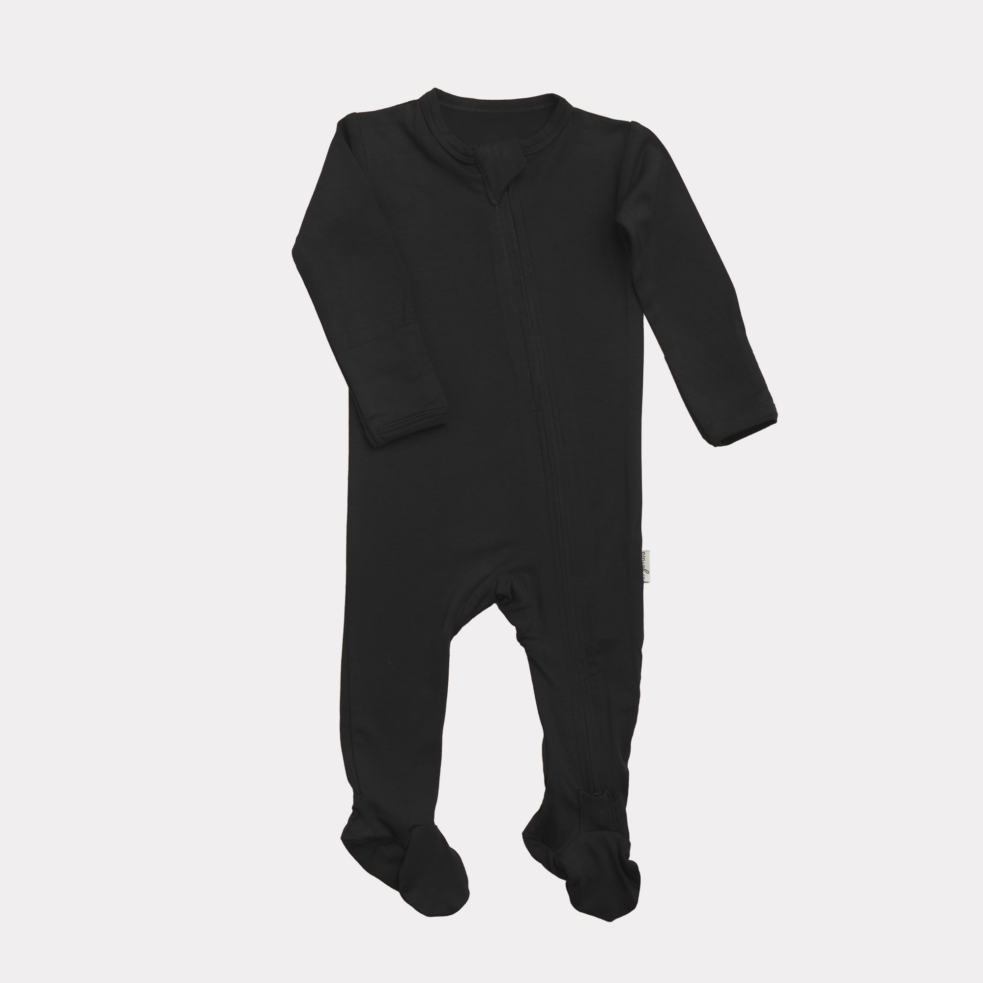A black bamboo footed sleeper for babies with a two-way zipper and fold-over mittens.