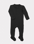 A black bamboo footed sleeper for babies with a two-way zipper and fold-over mittens.