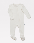 A white bamboo footed sleeper for babies with a two-way zipper and fold-over mittens.