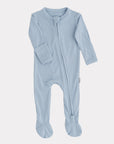 Blue baby onesie with a zipper on a white background