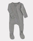 Gray baby onesie with a zipper on a white background