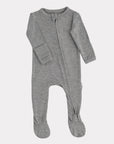 Gray baby onesie with a zipper on a white background