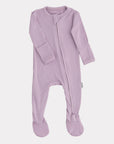 Purple baby onesie with a zipper on a white background