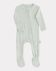 Light green baby onesie with a zipper on a white background
