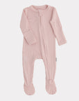 Pink baby onesie with a zipper on a white background