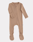Beige baby onesie with a zipper on a white background