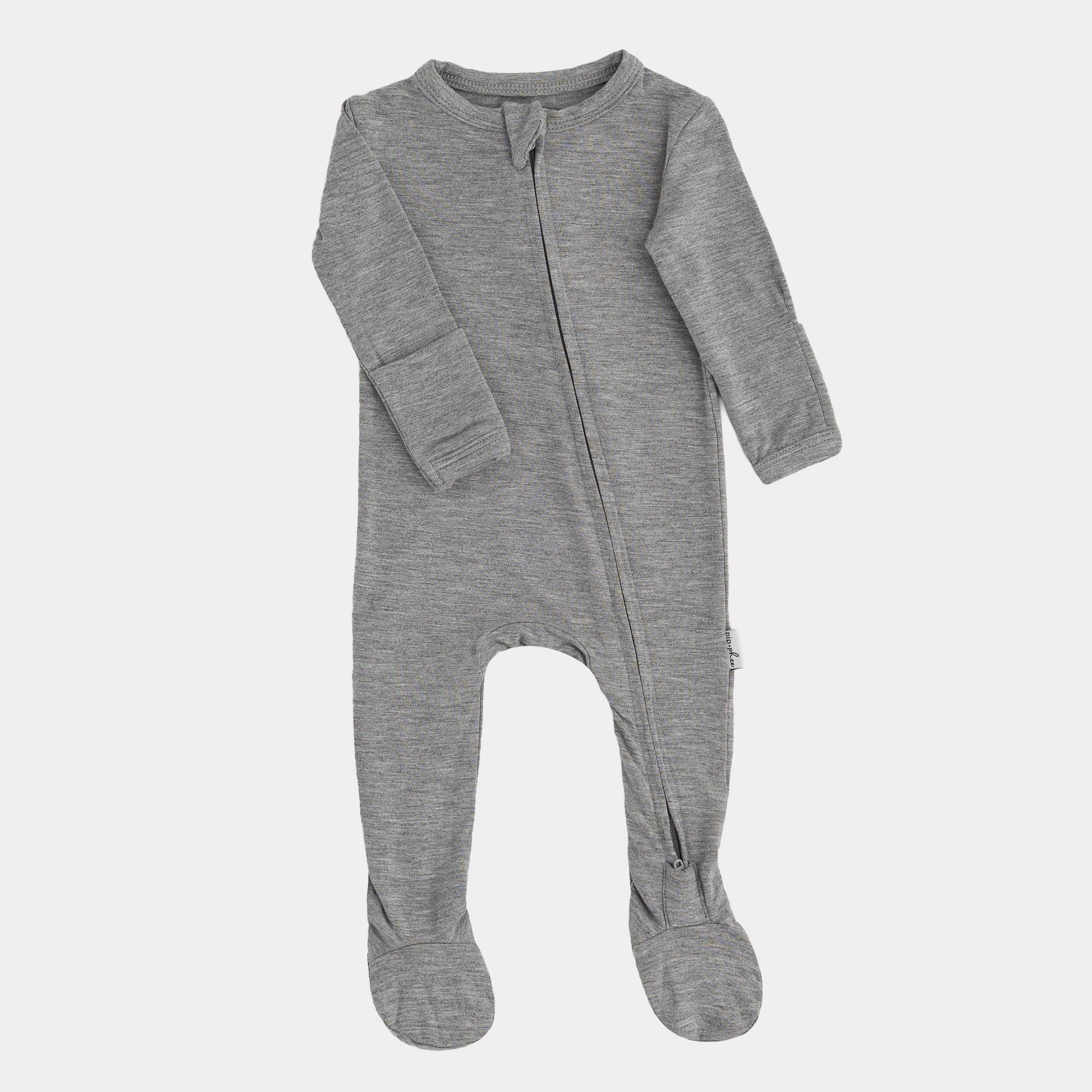 Gray baby onesie with a zipper on a white background