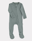 Green baby onesie with a zipper on a white background